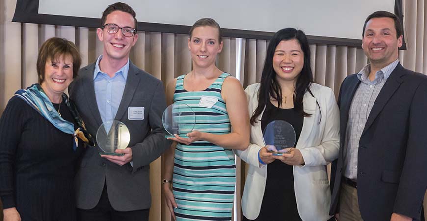 Pictured left to right: Graduate Dean Marjorie Zatz, students Craig Ennis, Portia Mira and Michelle Len, and Associate Dean Chris Kello