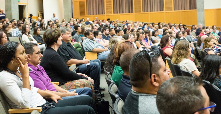 A crowd shot of staff members inside the Dr. Lakireddy Auditorium during UC Merced’s 2017 Staff Convocation.