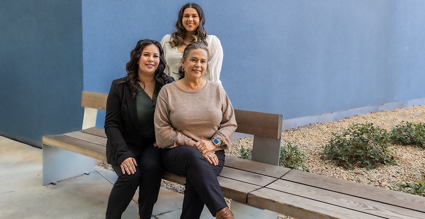 Sharee Sok, Korynn Maravilla and Diana Maravilla pose for a photo at UC Merced.