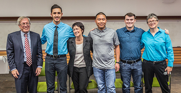 Erwin Chemerinsky and Chancellor Dorothy Leland with students and Professor Nella Van Dyke