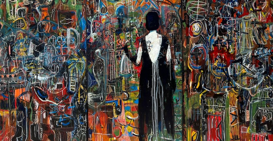 A colorful piece by artist Gronk, depicting a figure standing in front of a wall,  is pictured. 