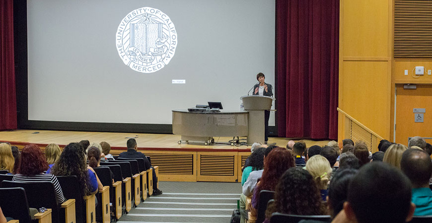 Chancellor Dorothy Leland addresses staff members during last year's convocation.