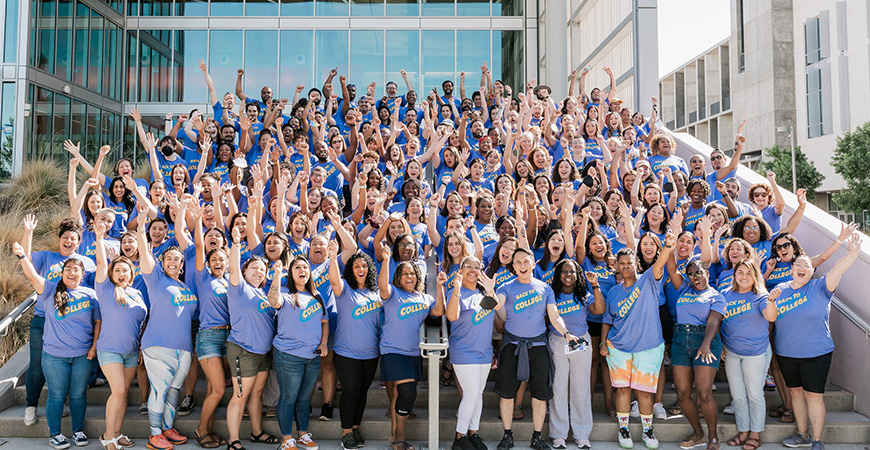 Participants of the College Track Retreat post for a photo at UC Merced.