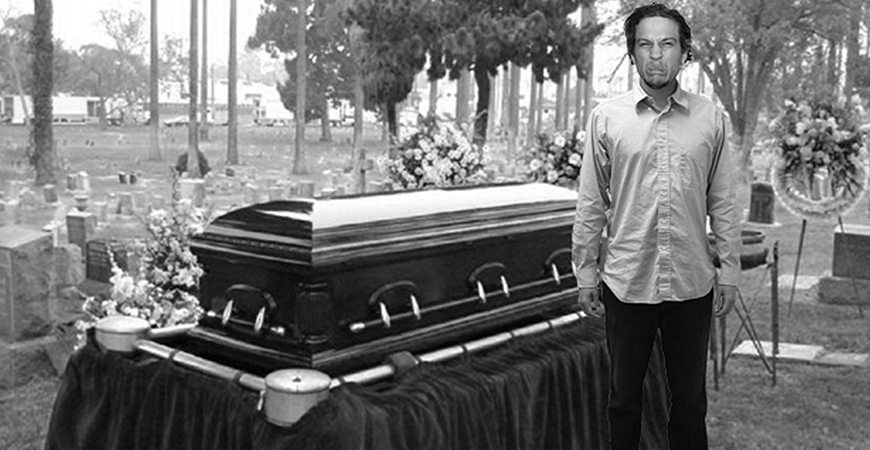 An edited image shows a man standing in a cemetery.