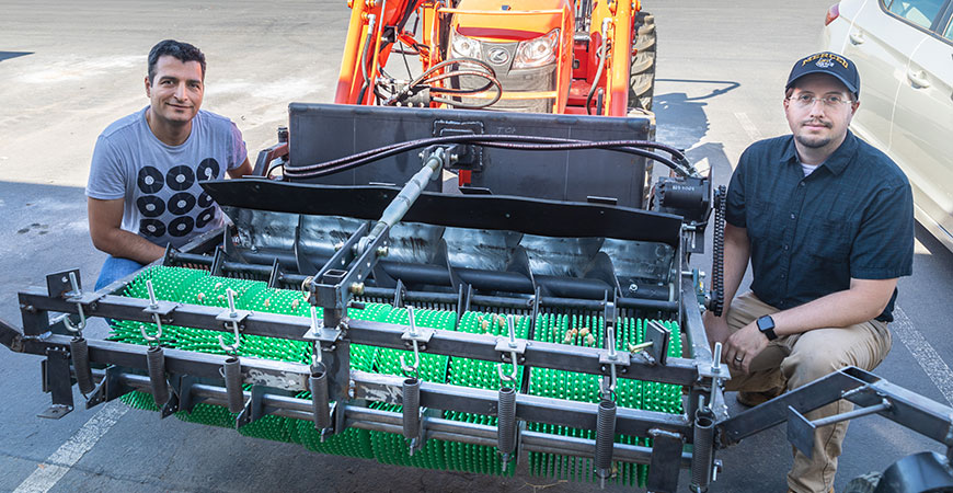 A machine developed in Professor Reza Ehsani's lab improves almond harvests by reducing the amount of dust stirred up as the nuts are gathered from the ground.