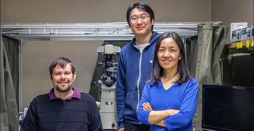 From left, graduate student John Wilson, alumnus Qiaochu “Michael” Li and Professor Jing Xu.