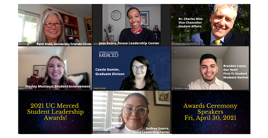 Zoom event presenters (top row) Patti Kishi, Jess Évora and Charles Nies, (center row) Hayley Montoya, Cassie Gunter and Brandon Lopez, (bottom row) Andrea Guerra